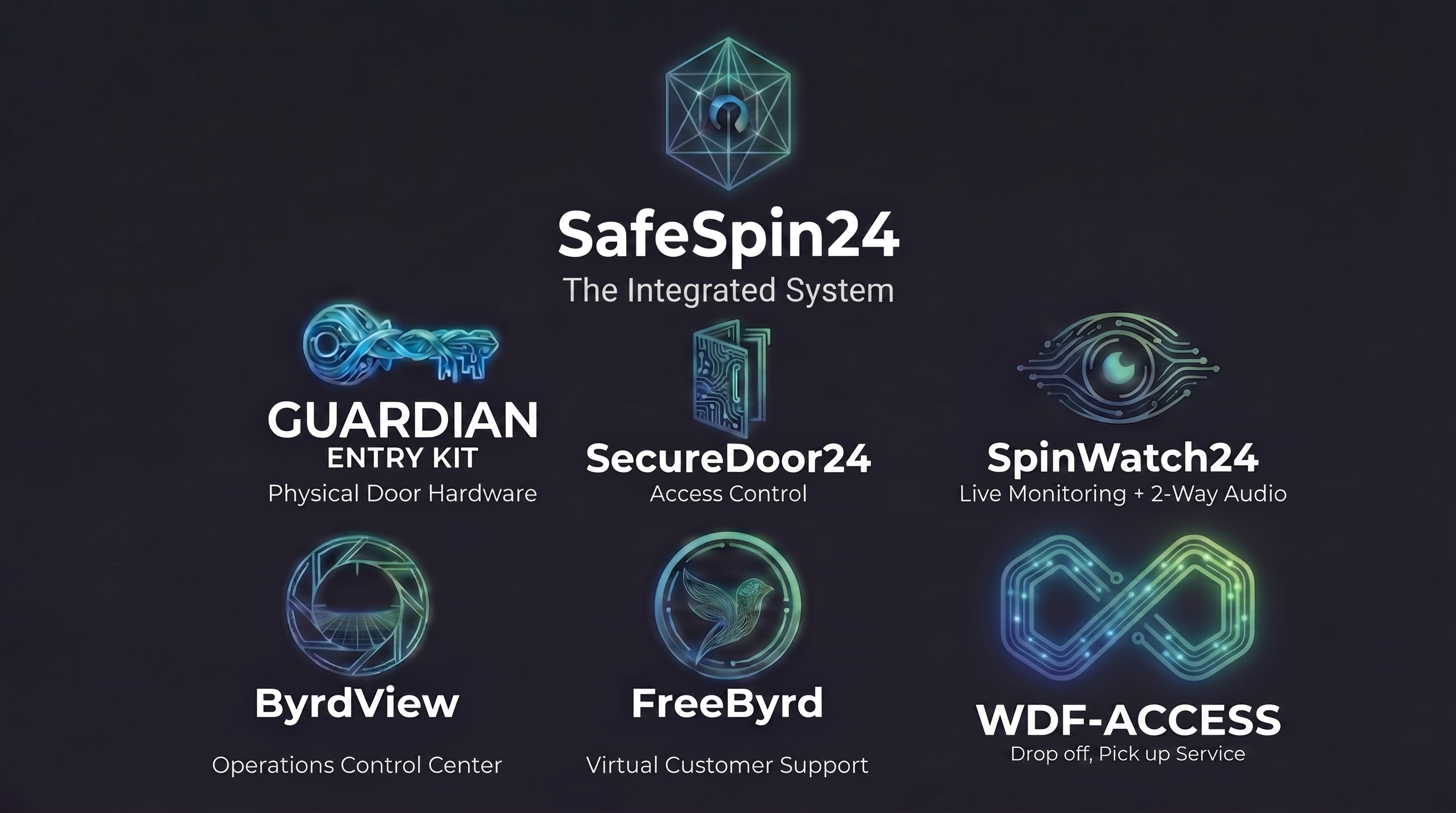 The SafeSpin24 system: Guardian Entry Kit, SecureDoor24, SpinWatch24, ByrdView, FreeByrd and WDF-Access